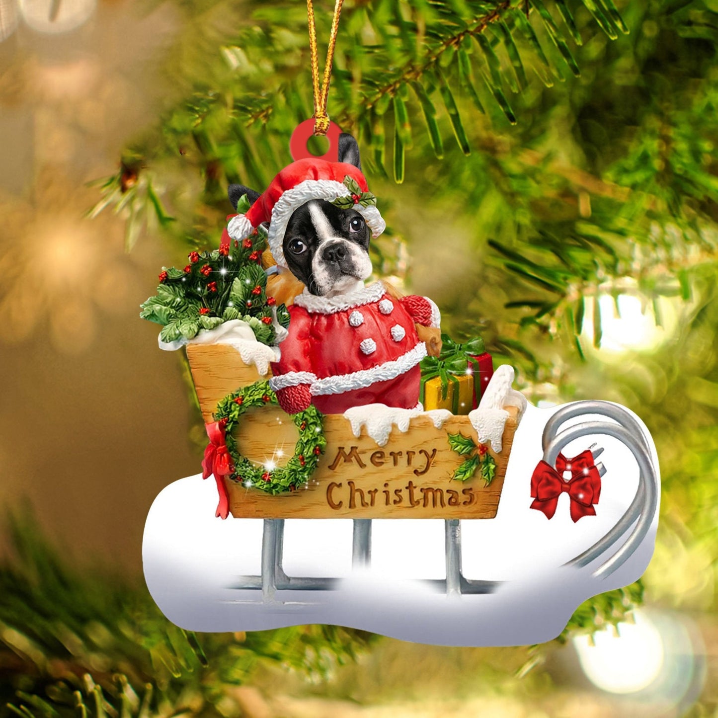 Boston Terrier Sitting On A Cute Sleigh Ornament Flat Acrylic Funny Dog Ornament OO2988