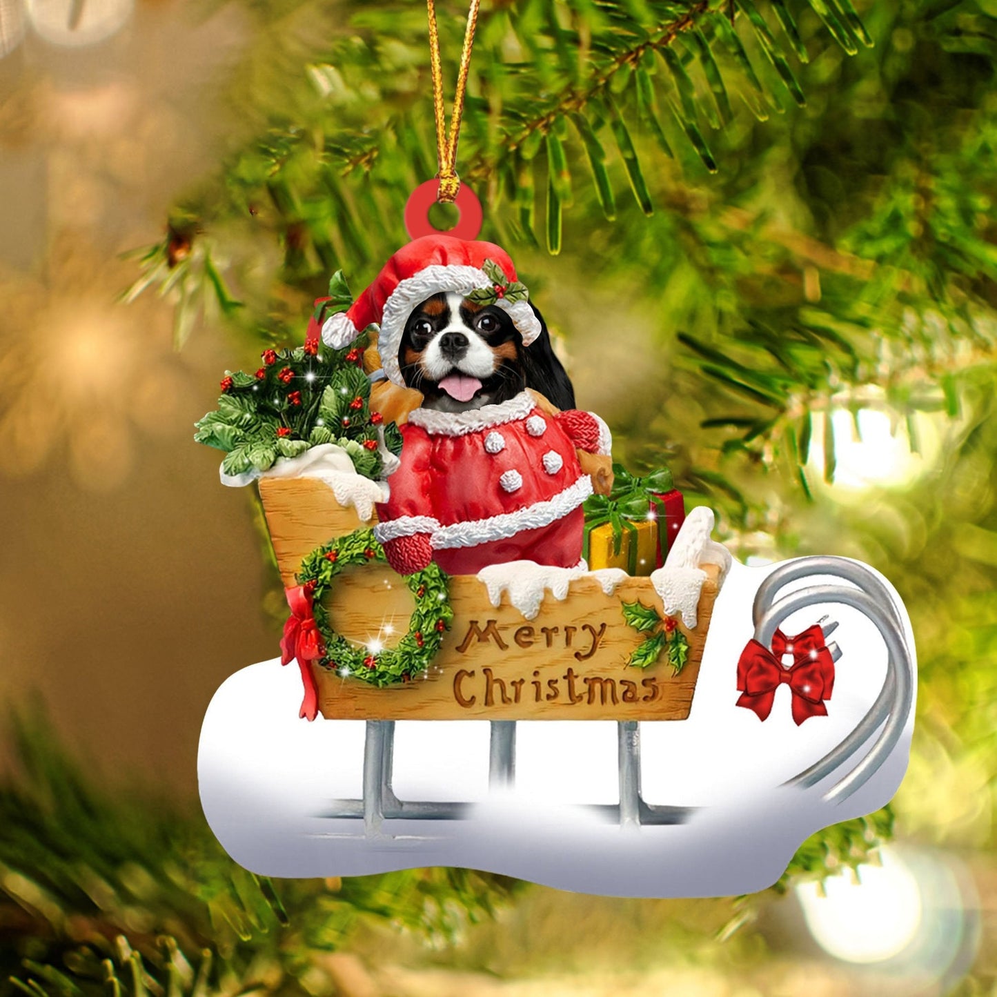 Cavalier King Charles Spaniel Sitting On A Cute Sleigh Ornament Flat Acrylic Funny Dog Ornament OO2946