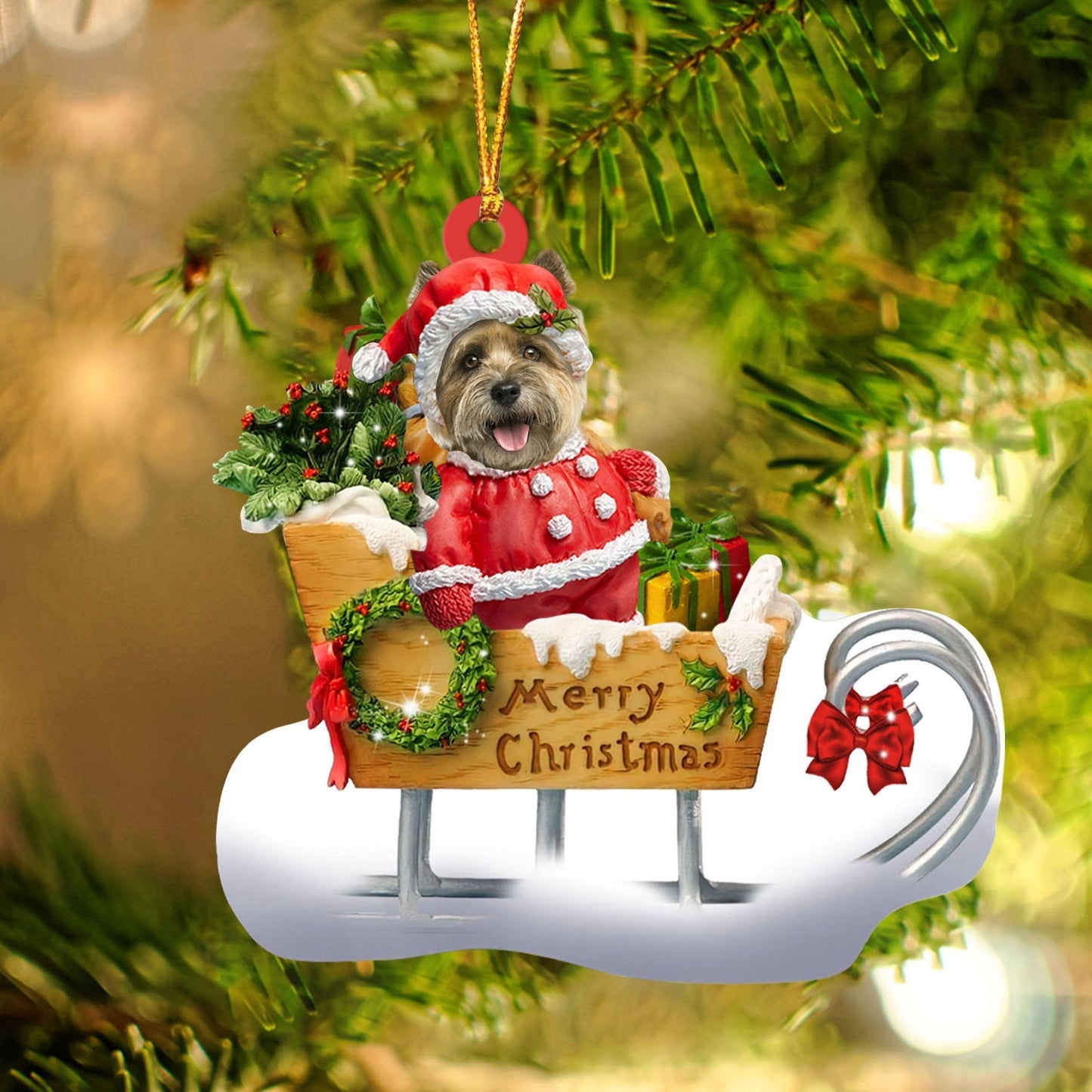 Cairn Terrier Sitting On A Cute Sleigh Ornament Flat Acrylic Funny Dog Ornament OO2950