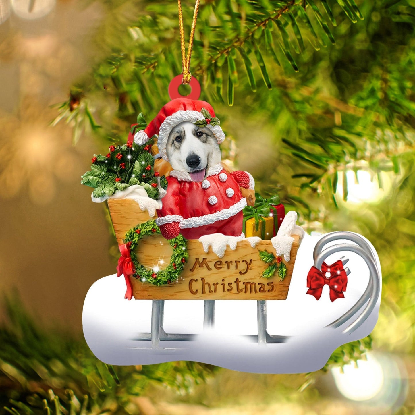Great Pyrenees Sitting On A Cute Sleigh Ornament Flat Acrylic Funny Dog Ornament OO2951