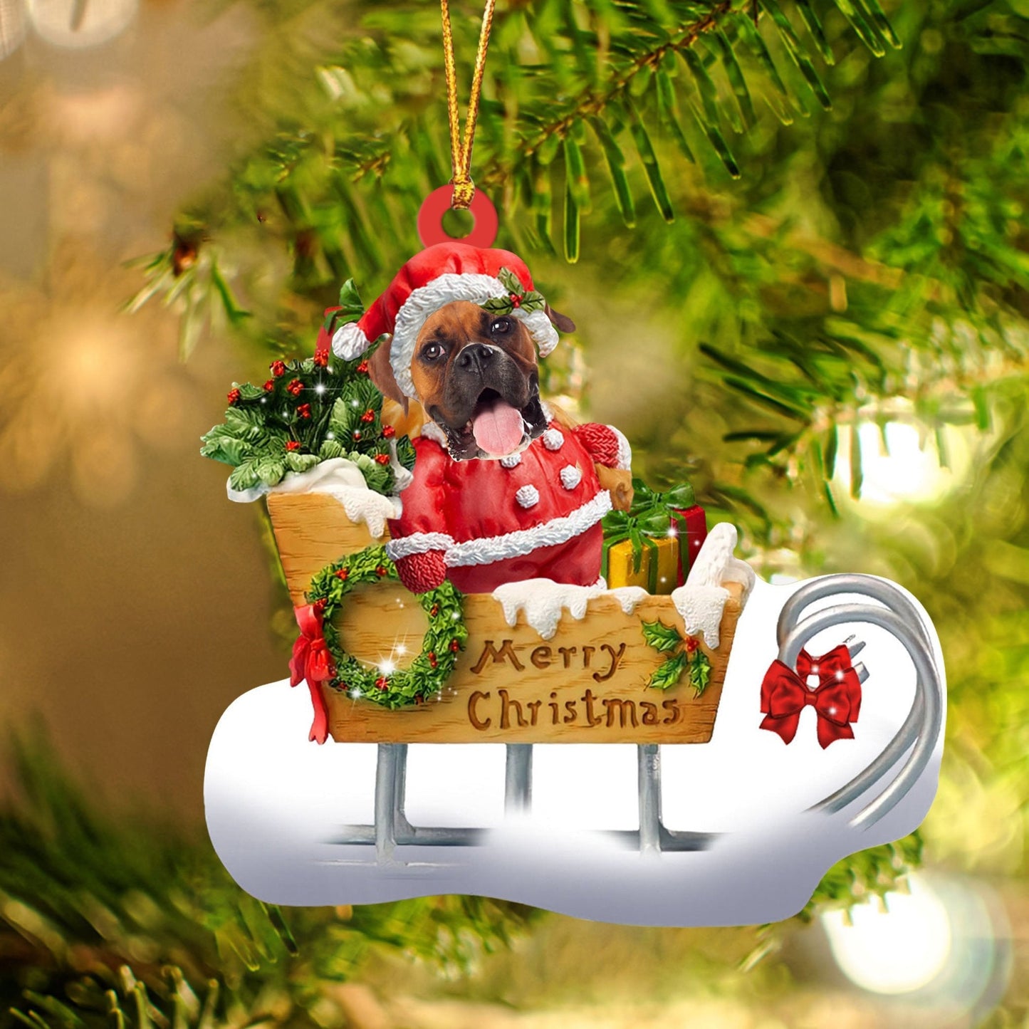 Boxer Sitting On A Cute Sleigh Ornament Flat Acrylic Funny Dog Ornament OO2949