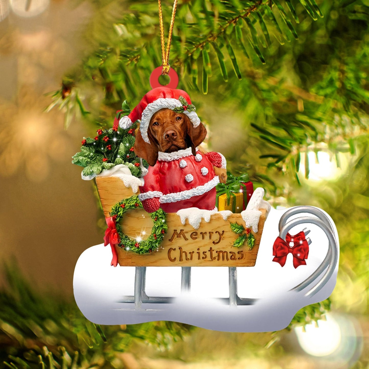 Vizsla Sitting On A Cute Sleigh Ornament Flat Acrylic Funny Dog Ornament OO2952