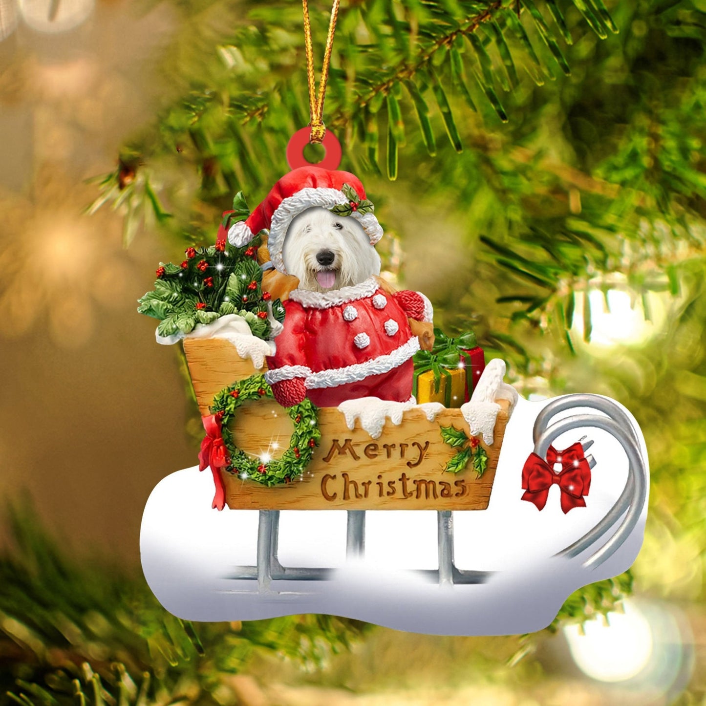 Old English Sheepdog Sitting On A Cute Sleigh Ornament Flat Acrylic Funny Dog Ornament OO2945