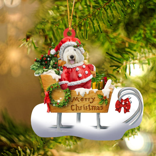Old English Sheepdog Sitting On A Cute Sleigh Ornament Flat Acrylic Funny Dog Ornament OO2945