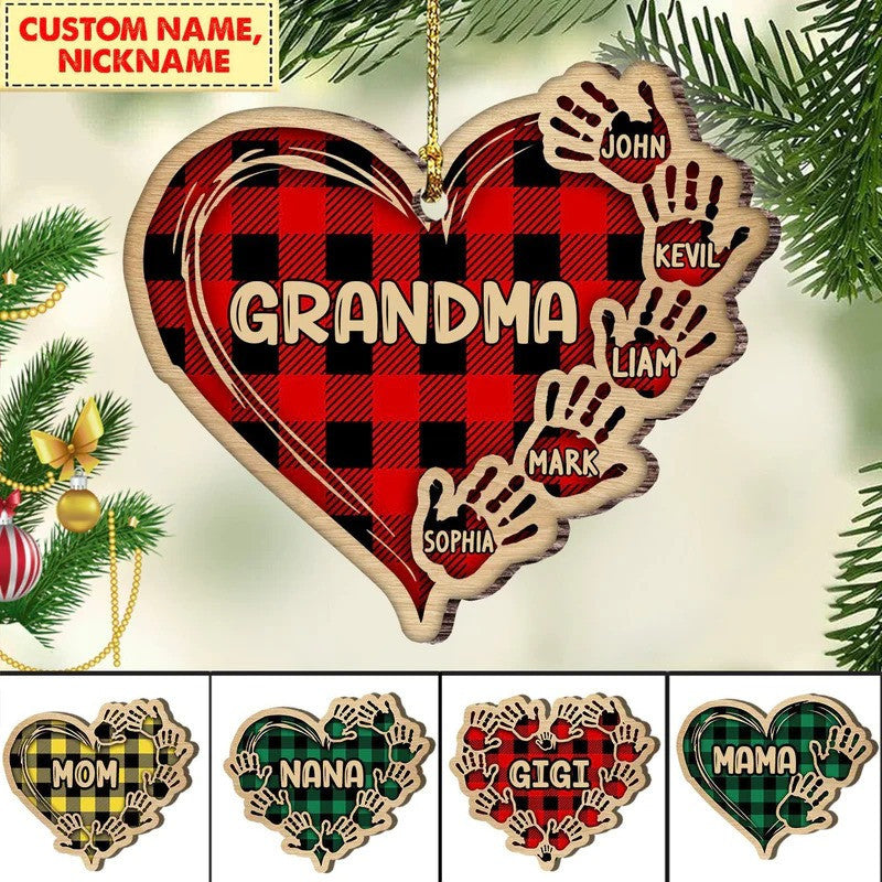 Grandma Mom Heart Hand Print With Kids, Grandkids Personalized Wood Ornament for Tree Decor OO2943