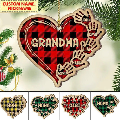 Grandma Mom Heart Hand Print With Kids, Grandkids Personalized Wood Ornament for Tree Decor OO2943