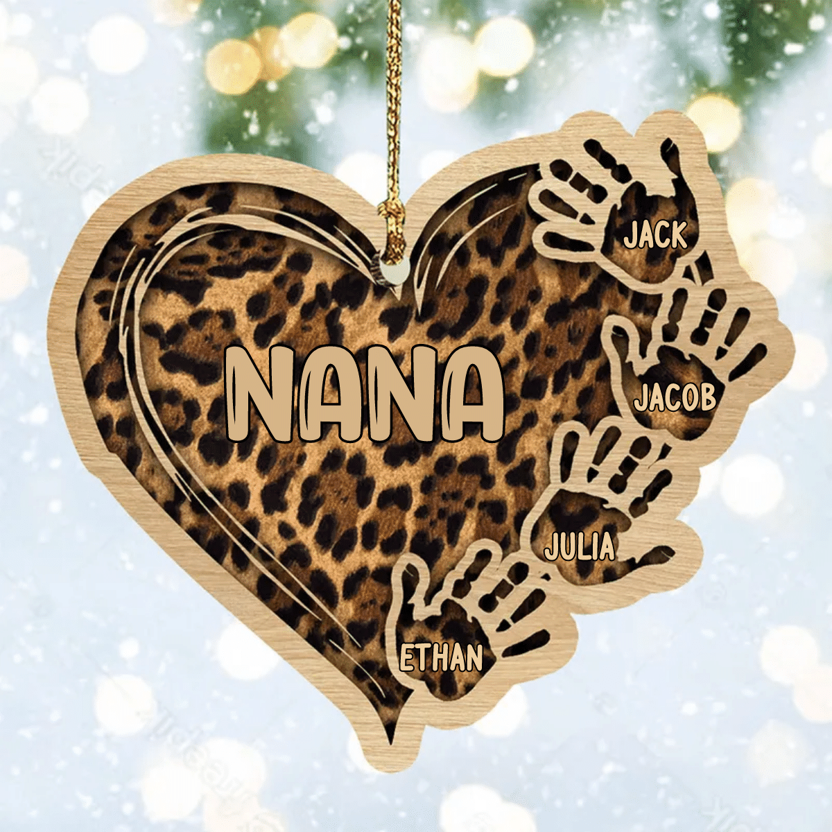 Grandma Mom Heart Hand Print With Kids, Grandkids Personalized Wood Ornament for Tree Decor OO2943