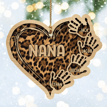 Grandma Mom Heart Hand Print With Kids, Grandkids Personalized Wood Ornament for Tree Decor OO2943