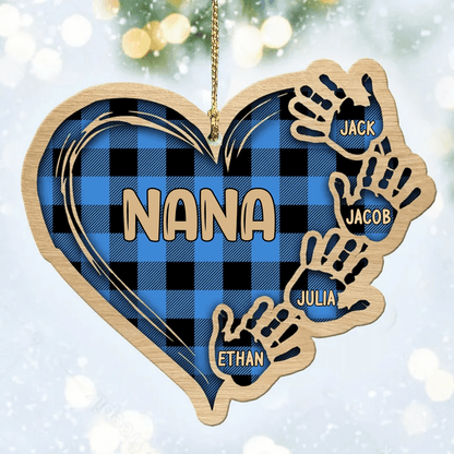 Grandma Mom Heart Hand Print With Kids, Grandkids Personalized Wood Ornament for Tree Decor OO2943