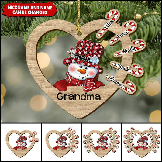 Personalized Grandma Snowman Heart Custom Shaped Wooden Ornament for Home OO2941