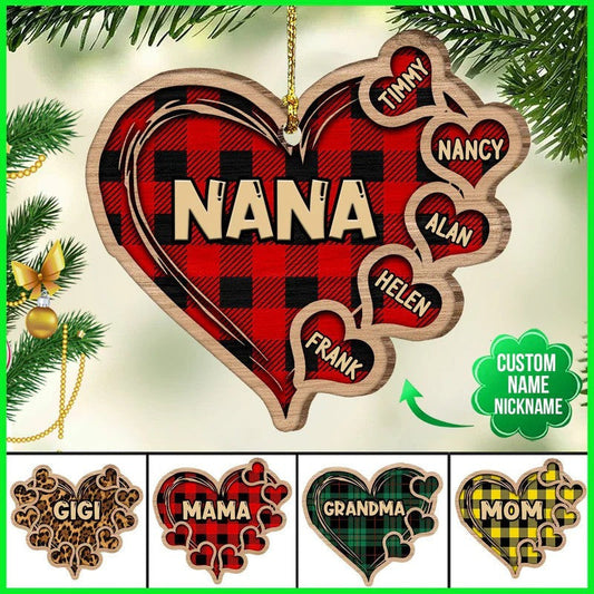 Personalized Nana Christmas Heart Wood Ornament with Grandkids for Grandma OO2940