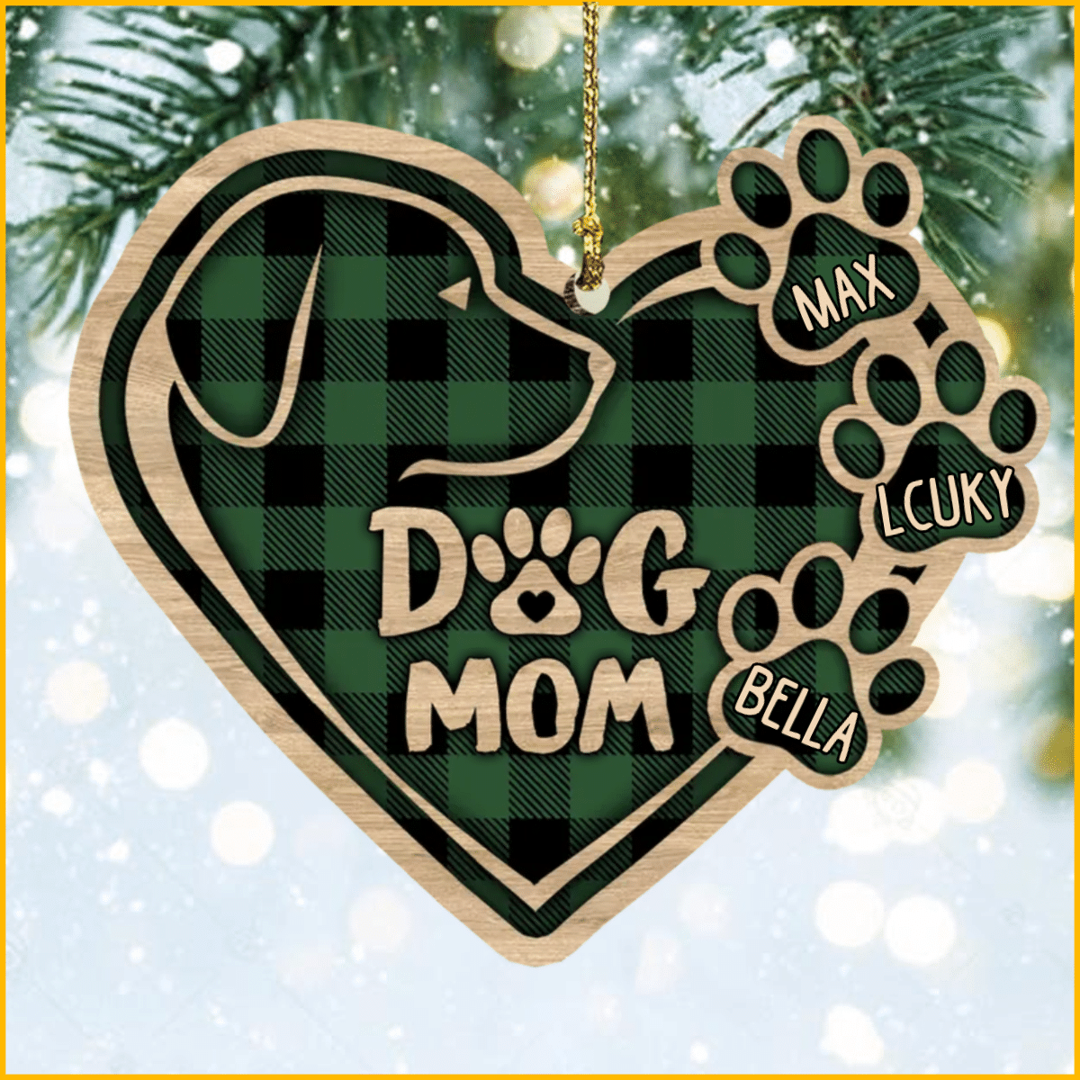 Christmas Dog Mom Heart Plaid Pattern Wood Ornament for Dog Mom Gifts OO2935