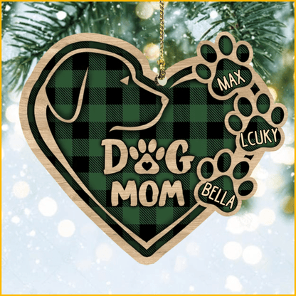 Christmas Dog Mom Heart Plaid Pattern Wood Ornament for Dog Mom Gifts OO2935