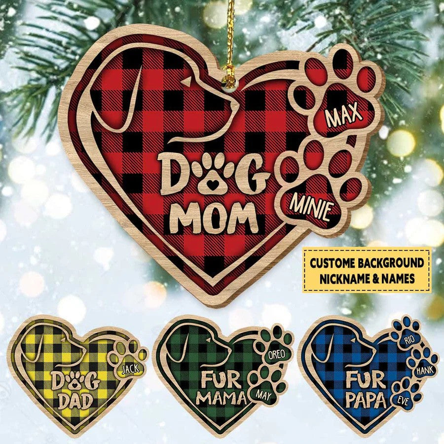 Christmas Dog Mom Heart Plaid Pattern Wood Ornament for Dog Mom Gifts OO2935