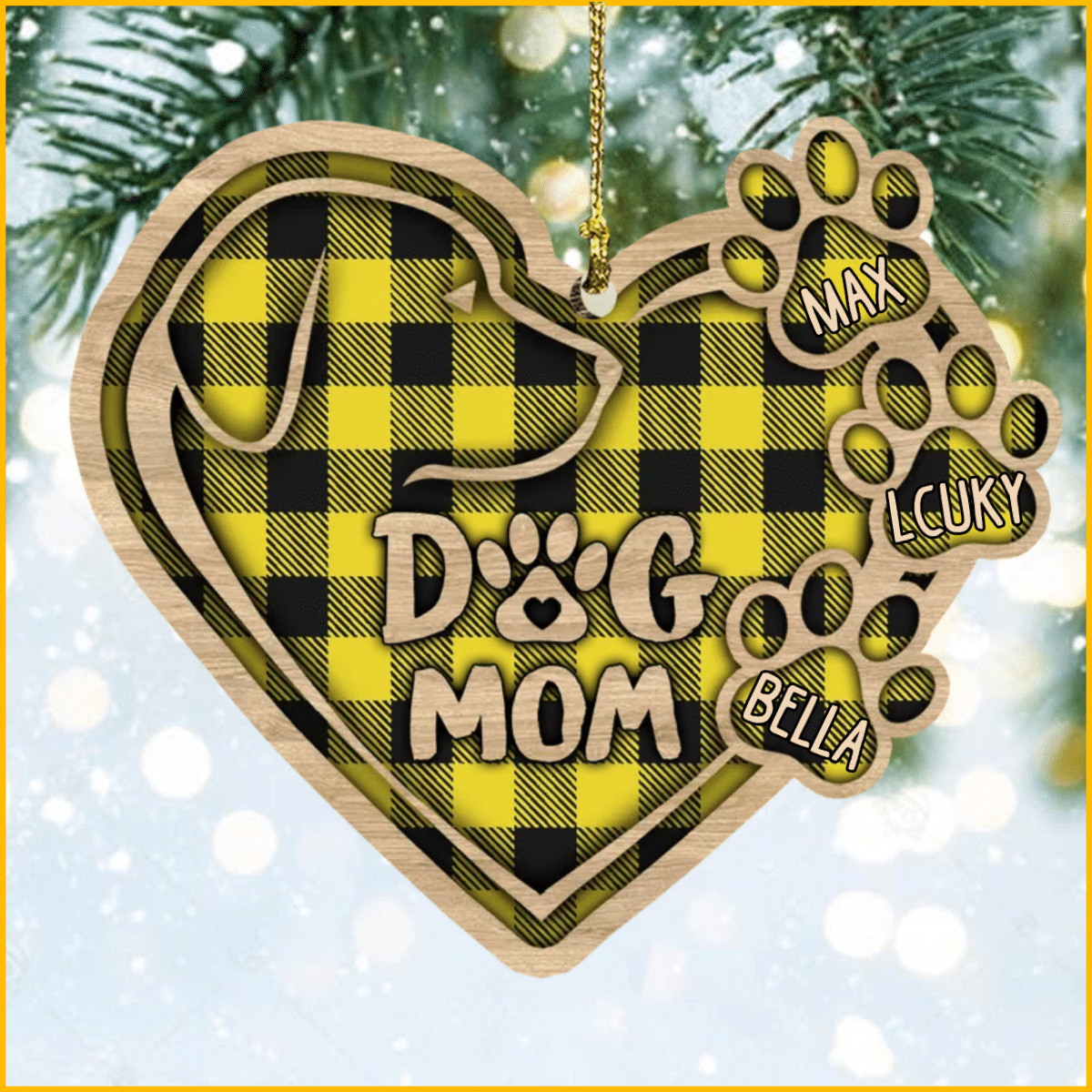 Christmas Dog Mom Heart Plaid Pattern Wood Ornament for Dog Mom Gifts OO2935