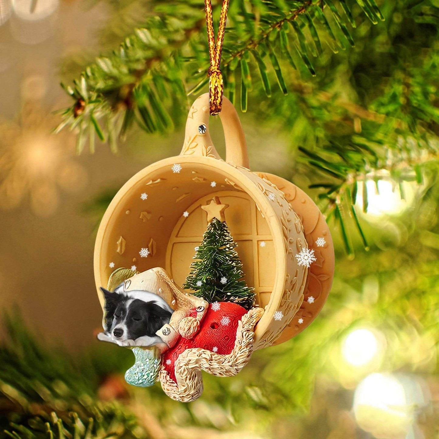 Border Collie Sleeping In A Cup Christmas Ornament, Flat Acrylic Dog Christmas Ornament OO2852