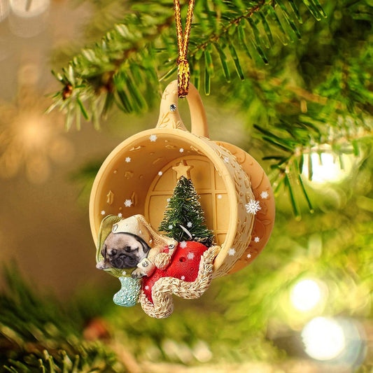 Pug Sleeping In A Cup Christmas Ornament, Flat Acrylic Dog Christmas Ornament OO2848