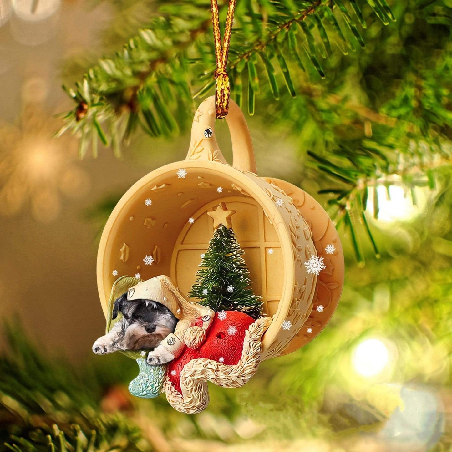 Schnauzer Sleeping In A Cup Christmas Ornament, Flat Acrylic Dog Christmas Ornament OO2847