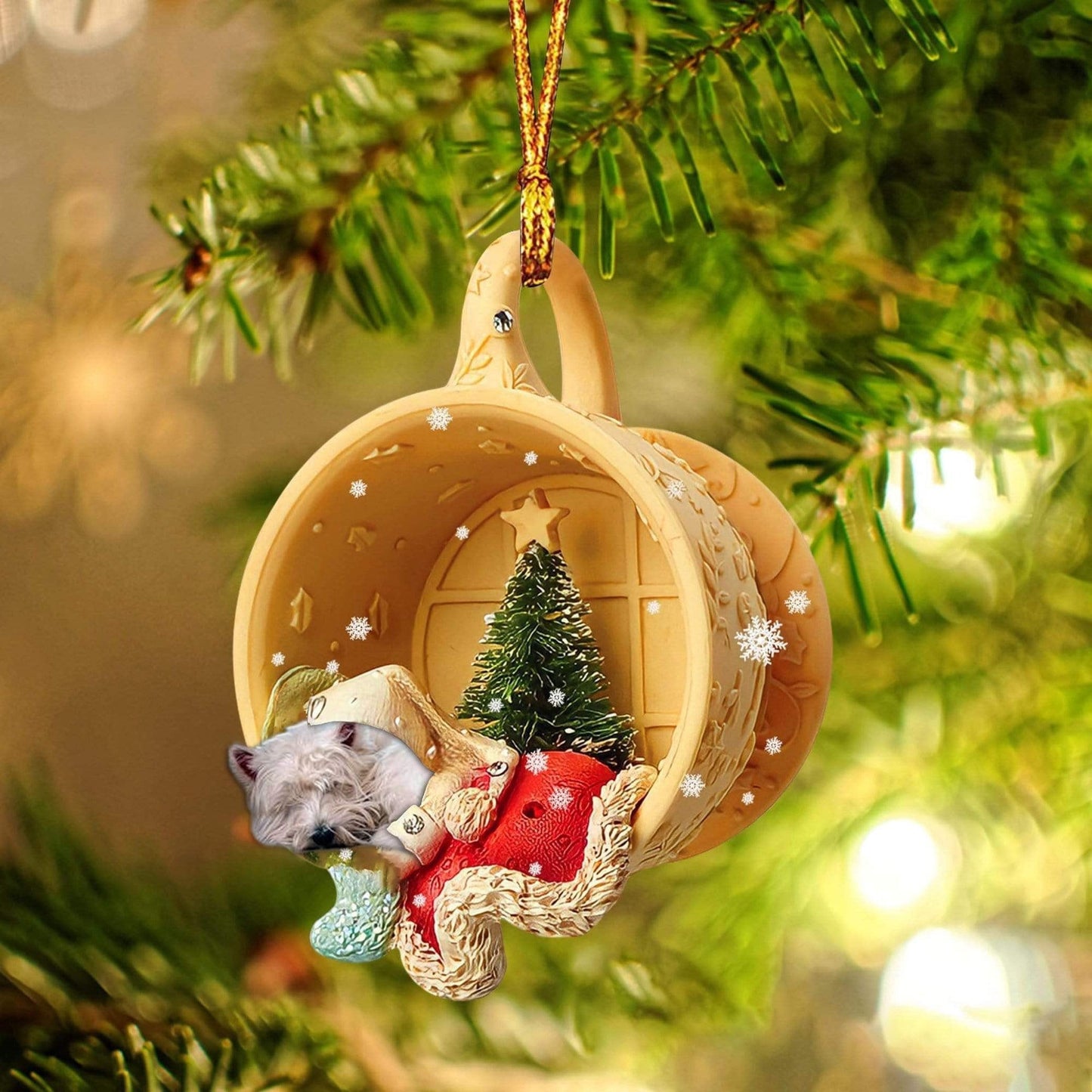 West Highland White Terrier Sleeping In A Cup Christmas Ornament, Flat Acrylic Dog Christmas Ornament OO2843