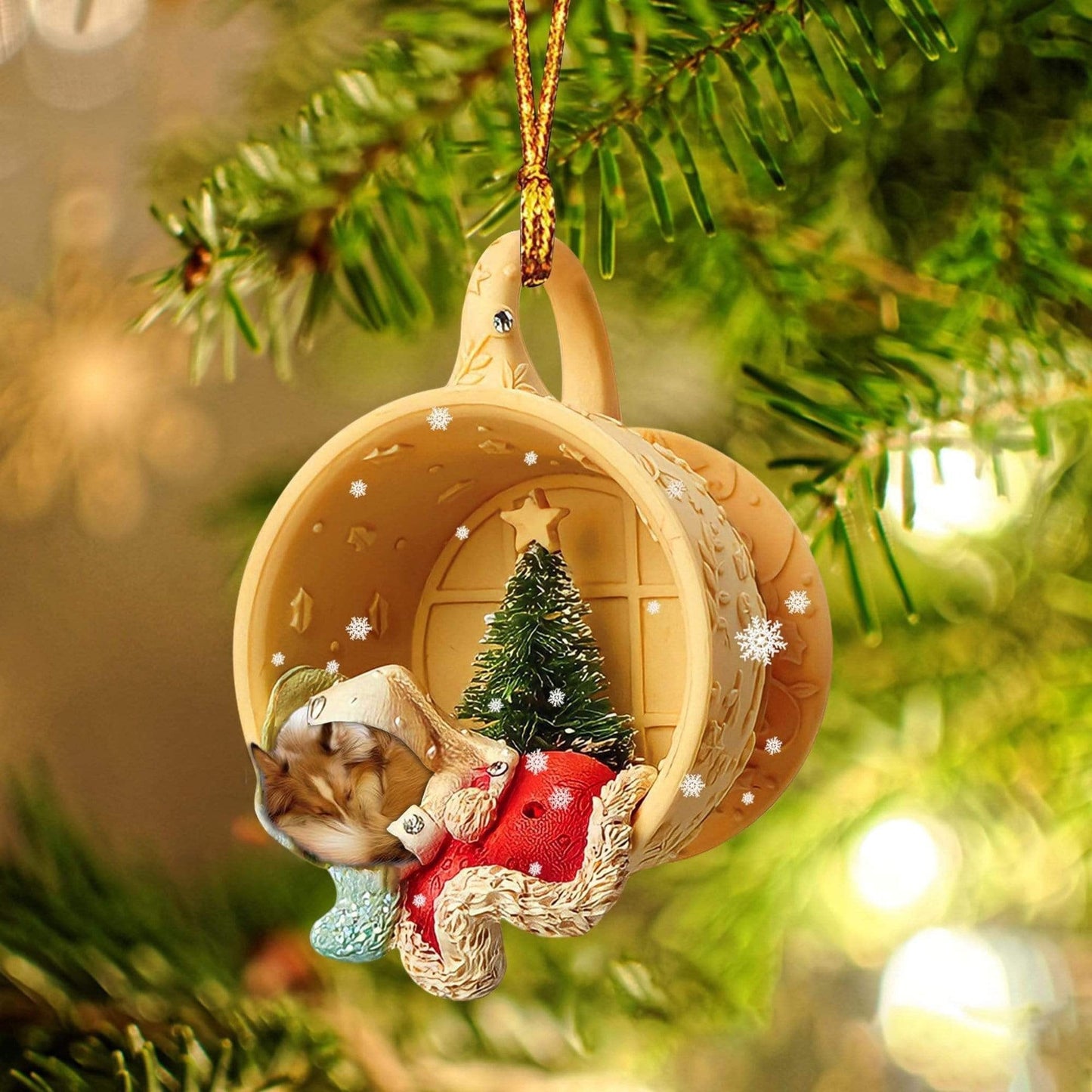 Sheltie Sleeping In A Cup Christmas Ornament, Flat Acrylic Dog Christmas Ornament OO2839