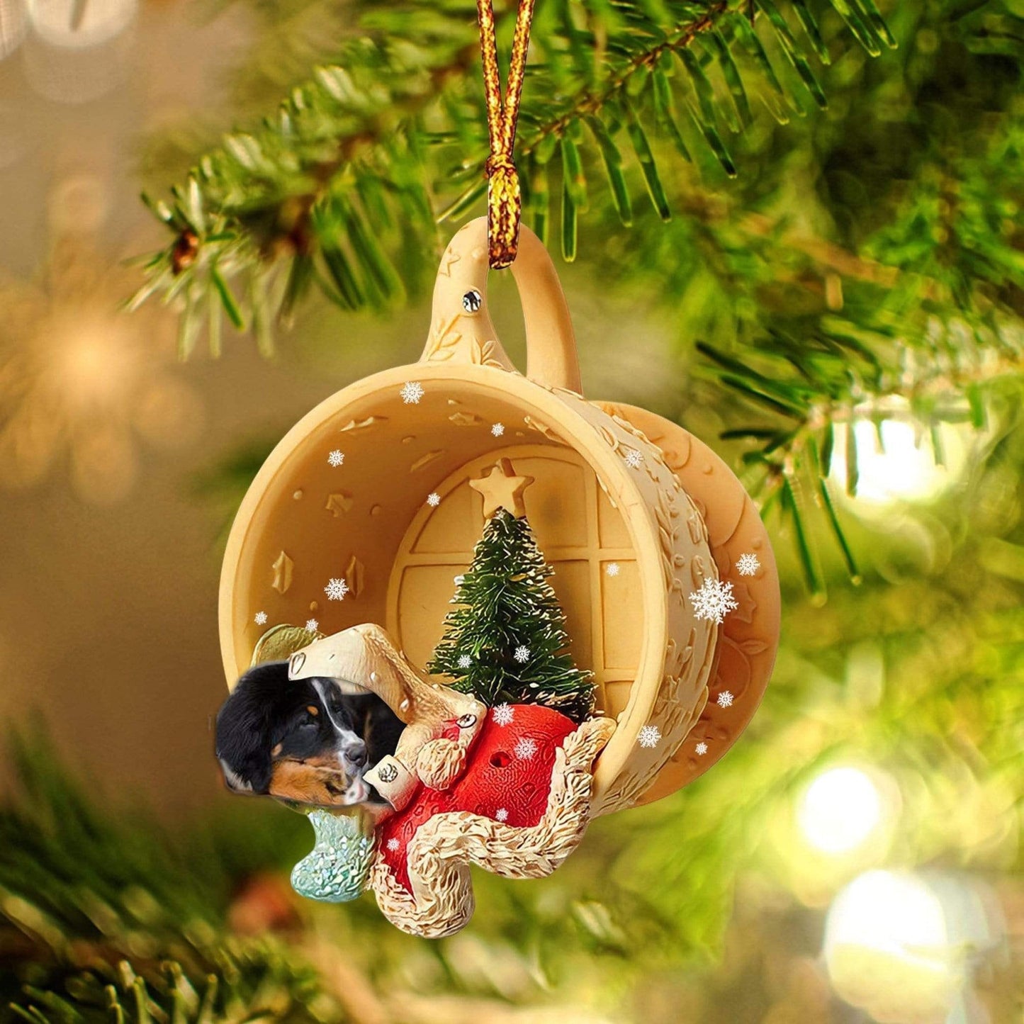 Bernese Mountain Sleeping In A Cup Christmas Ornament, Flat Acrylic Dog Christmas Ornament OO2827