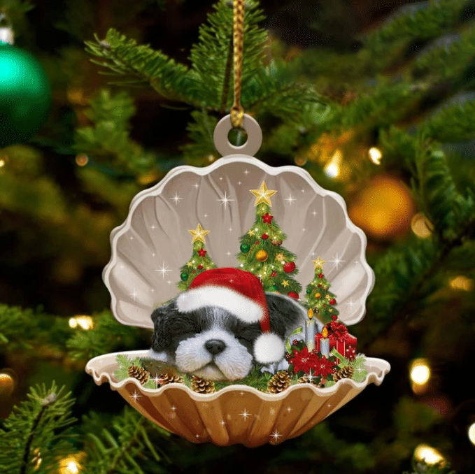 Black White Shih Tzu3 Sleeping in Pearl Dog Christmas Ornament Flat Acrylic OO2698