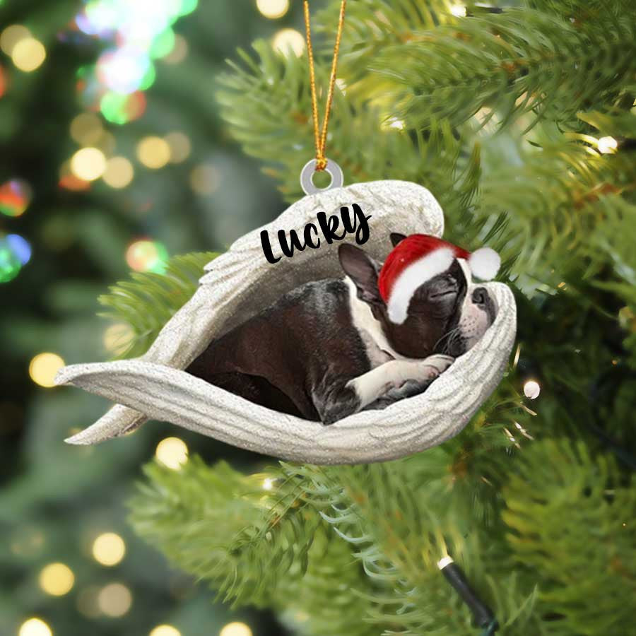 Personalized Boston Terrier Sleeping Angel Christmas Flat Acrylic Dog Ornament Memorial Dog Gift OO2554