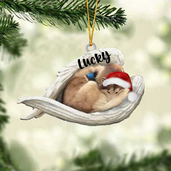 Personalized Tan And White Husky Sleeping Angel Christmas Flat Acrylic Dog Ornament Memorial Dog Gift OO2475