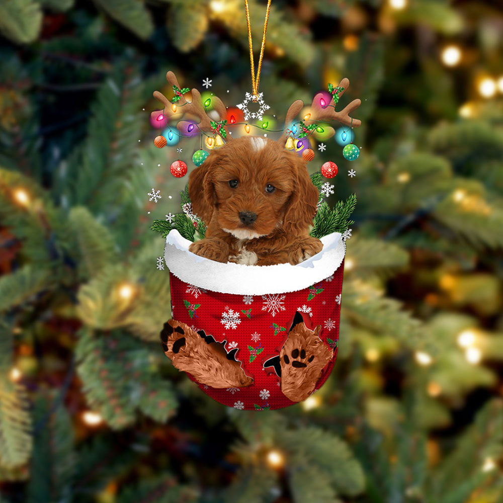 RED Cockapoo In Snow Pocket Christmas Ornament Flat Acrylic Dog Ornament OO2442