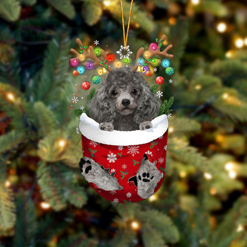 SILVER Miniature Poodle In Snow Pocket Christmas Ornament Flat Acrylic Dog Ornament OO2447