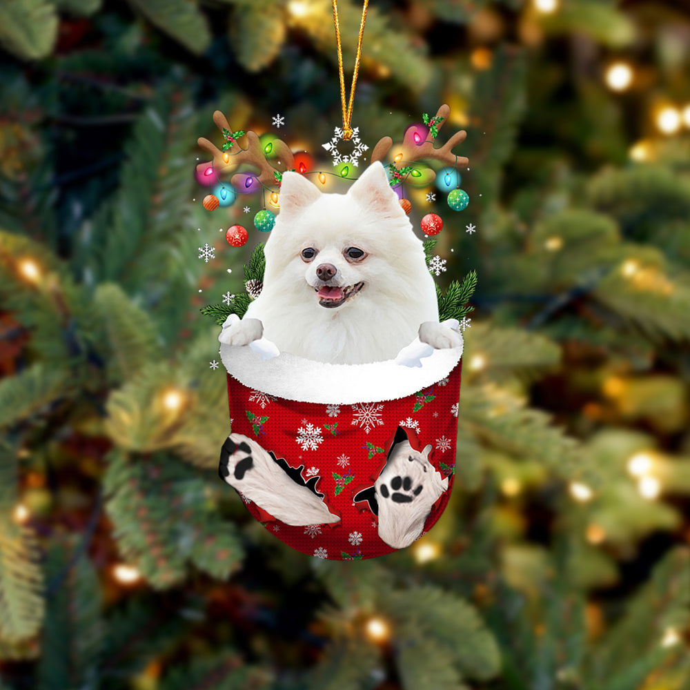 WHITE Pomeranian In Snow Pocket Christmas Ornament Flat Acrylic Dog Ornament OO2436