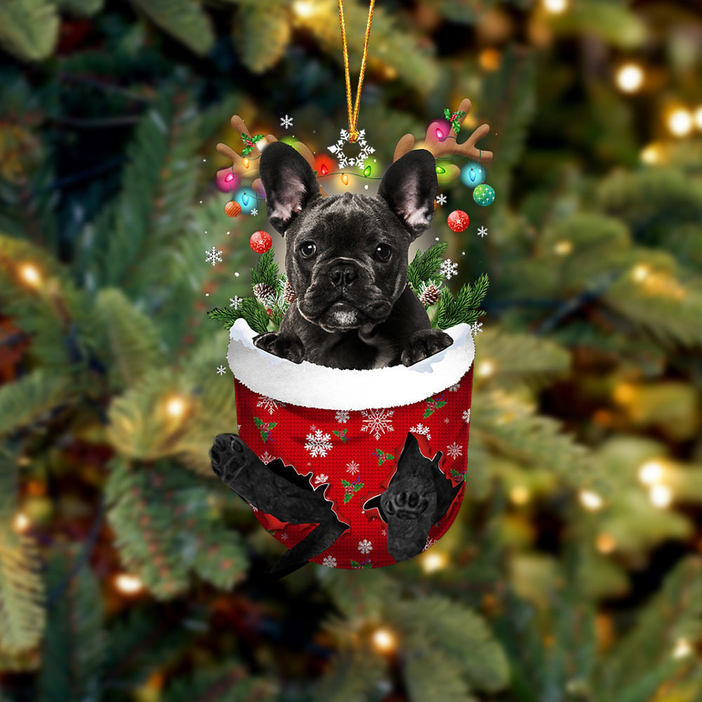 BLACK French Bulldog In Snow Pocket Christmas Ornament Flat Acrylic Dog Ornament OO2386