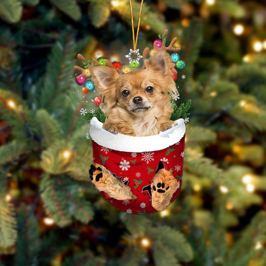 Long haired Tan Chihuahua In Snow Pocket Christmas Ornament Flat Acrylic Dog Ornament OO2378