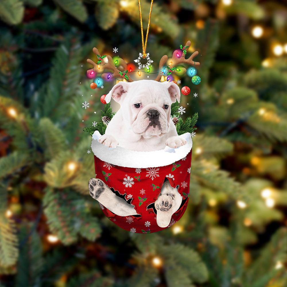 WHITE English Bulldog In Snow Pocket Christmas Ornament Flat Acrylic Dog Ornament OO2347