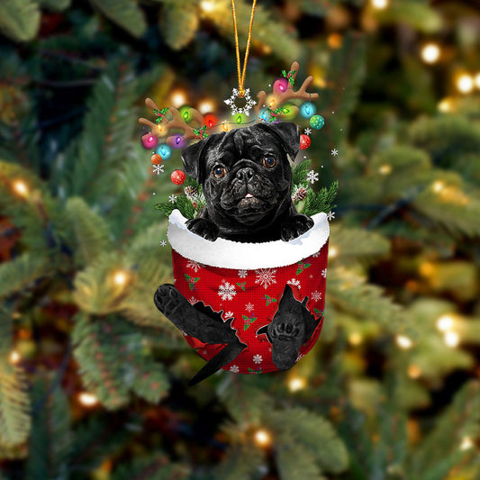BLACK Pug In Snow Pocket Christmas Ornament Flat Acrylic Dog Ornament OO2354