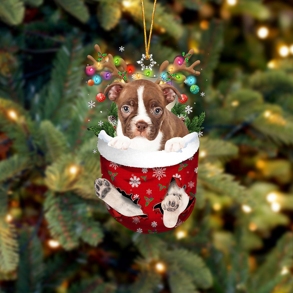 RED Boston Terrier In Snow Pocket Christmas Ornament Flat Acrylic Dog Ornament OO2343