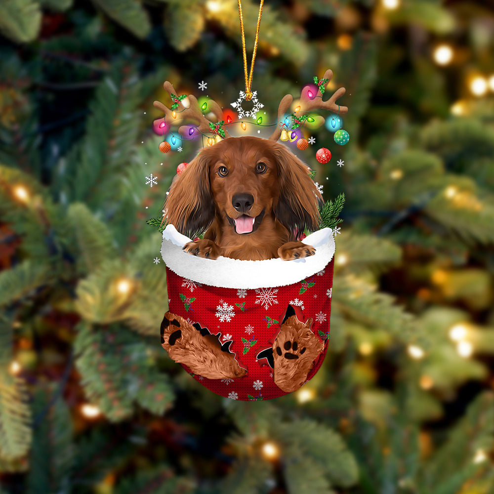 RED LONG HAIRED Dachshund In Snow Pocket Christmas Ornament Flat Acrylic Dog Ornament OO2327