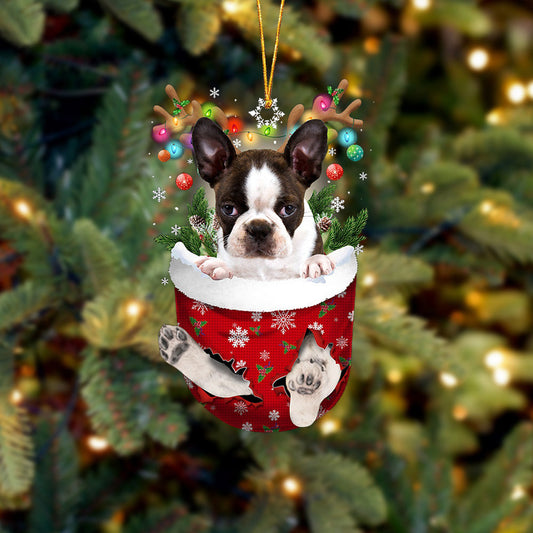 BRINDLE Boston Terrier In Snow Pocket Christmas Ornament Flat Acrylic Dog Ornament OO2324