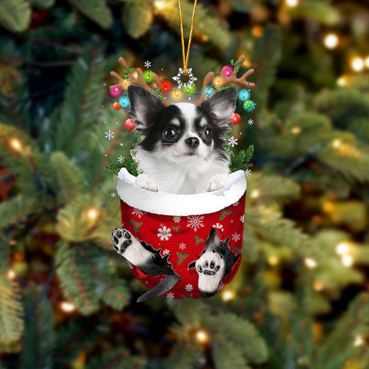 Long haired white Chihuahua In Snow Pocket Christmas Ornament Flat Acrylic Dog Ornament OO2308