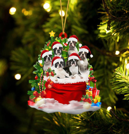 Boston Terrier Dogs In A Gift Bag Christmas Ornament Flat Acrylic Dog Ornament OO2199