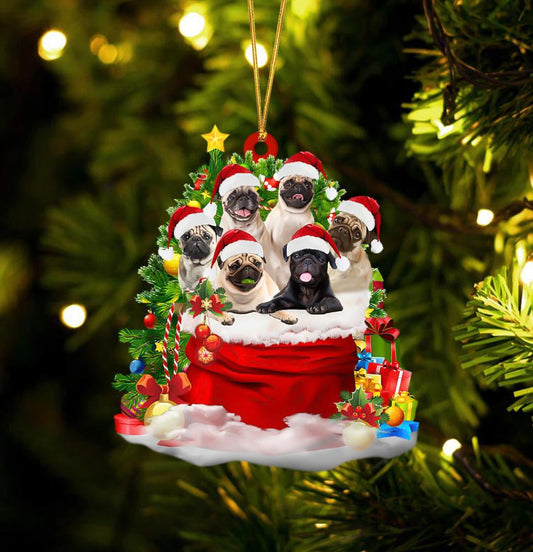 Pug Dogs In A Gift Bag Christmas Ornament Flat Acrylic Dog Ornament OO2197