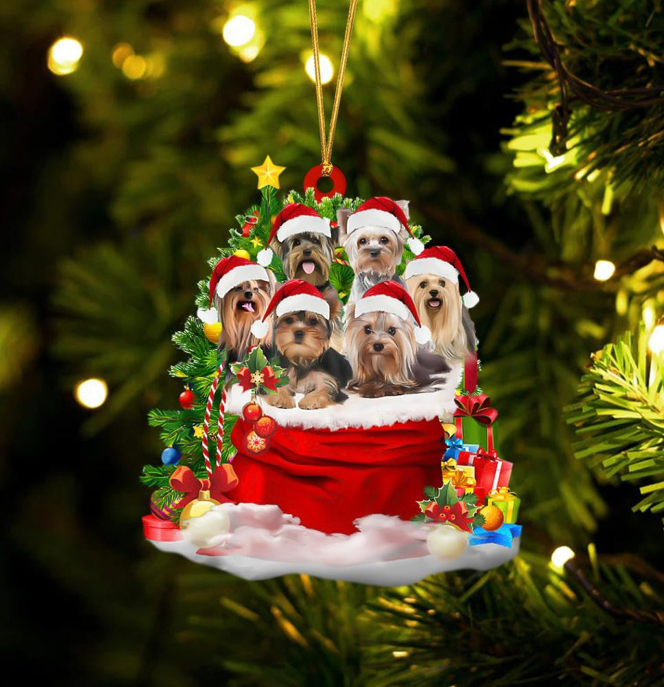 Yorkshire Terrier Dogs In A Gift Bag Christmas Ornament Flat Acrylic Dog Ornament OO2190