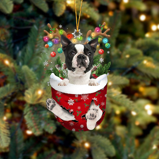 Black Boston Terrier In Snow Pocket Christmas Ornament Flat Acrylic Dog Ornament OO2186