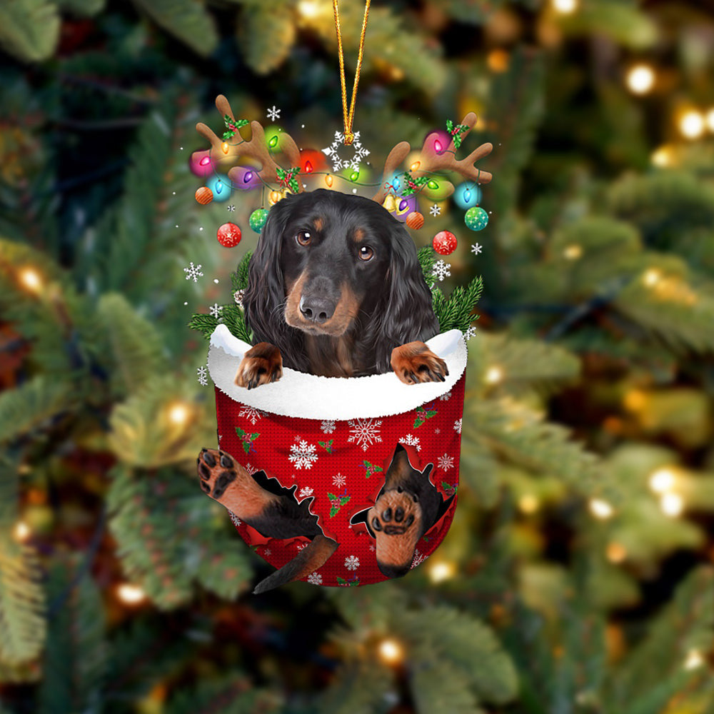 Black Long Haired Dachshund In Snow Pocket Christmas Ornament Flat Acrylic Dog Ornament OO2176