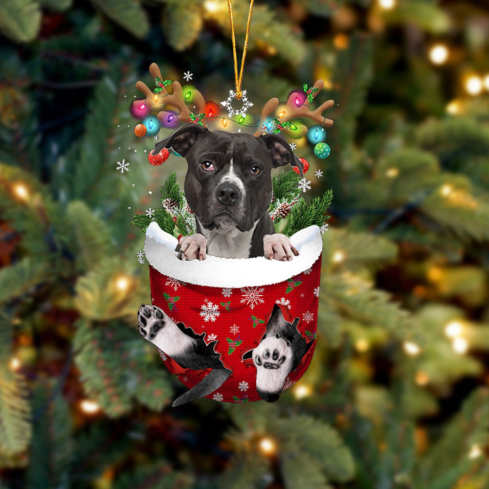 Black American Pitbull Terrier In Snow Pocket Christmas Ornament Flat Acrylic Dog Ornament OO2148
