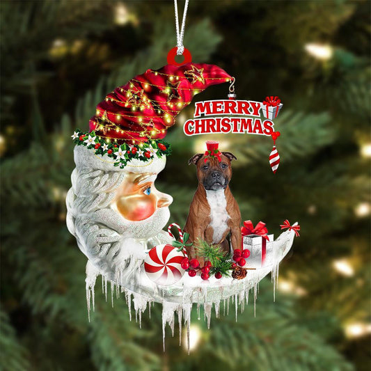 Staffordshire Bull Terrier On The Moon Merry Christmas Hanging Ornament Flat Acrylic Dog Ornament OO2128