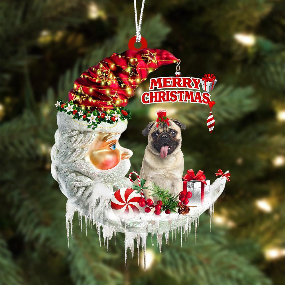 Pug On The Moon Merry Christmas Hanging Ornament Flat Acrylic Dog Ornament OO2127