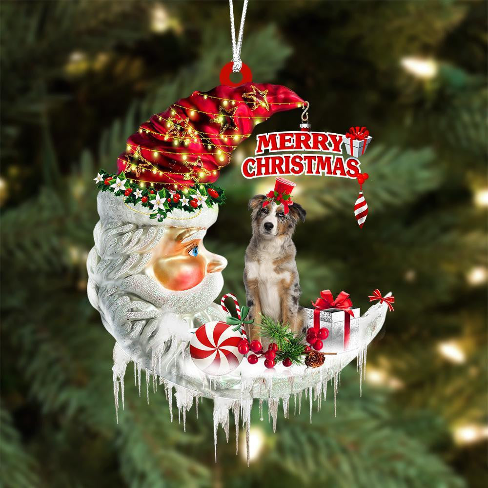 Australian Shepherd On The Moon Merry Christmas Hanging Ornament Flat Acrylic Dog Ornament OO2120