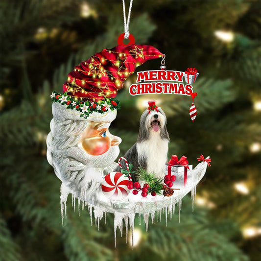 Bearded Collie On The Moon Merry Christmas Hanging Ornament Flat Acrylic Dog Ornament OO2118