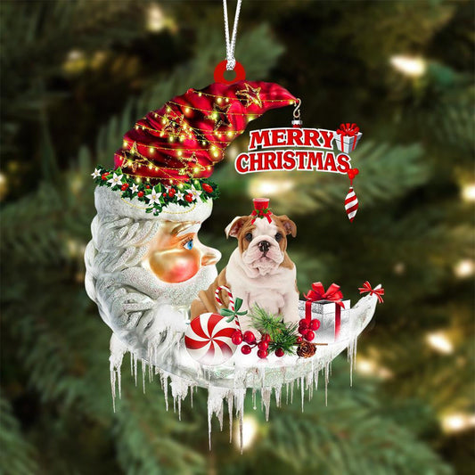 English Bulldog On The Moon Merry Christmas Hanging Ornament Flat Acrylic Dog Ornament OO2102
